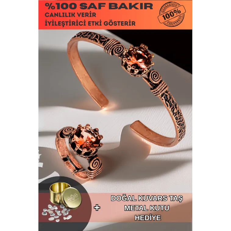 Kadın Bakır Bileklik Yüzük Set - Zultanit Taşı Model 2 Ağaç Kabuğu Model İnce Metal Kutu Kuvars Taşı Kadın Bakır Bileklik Yüzük Set - Zultanit Taşı Model 2 Ağaç Kabuğu Model İnce Metal Kutu Kuvars Taşı