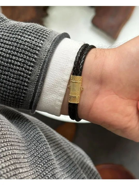 Erkek Bileklik - Deri Erkek Bileklik - Taşlı Erkek Bileklik - Snake Model-Gold