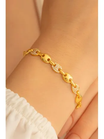 Kadın Gümüş Bileklik - Altın Kaplama Zirkon Taşlı Gemici Model Gümüş Bileklik