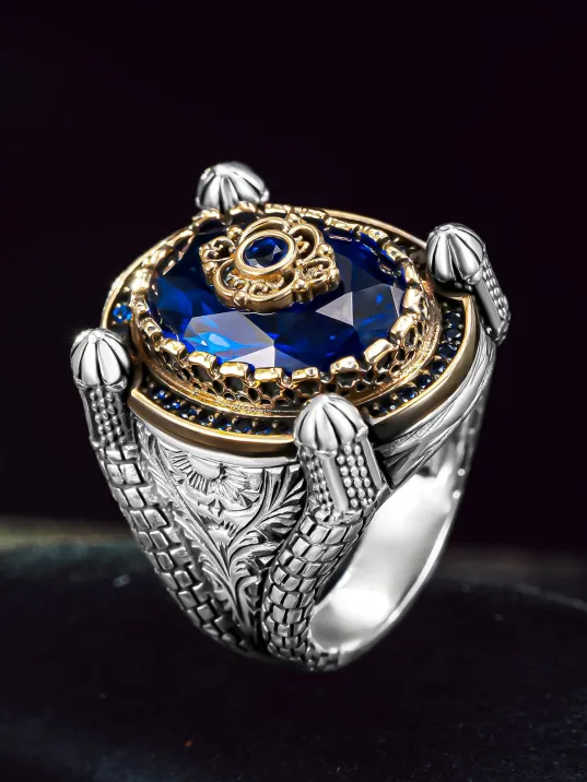 Erkek Gümüş Yüzük - Kubbe Tasarım Faset Kesim Aqua Mavi Zirkon Taşlı Erkek Yüzük