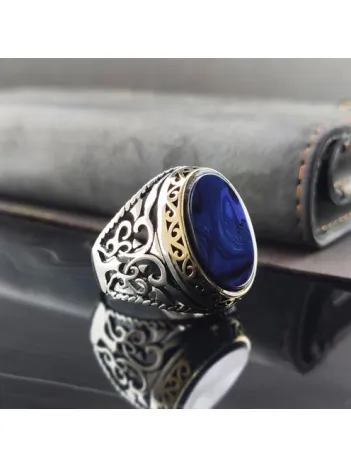 Düz Mavi Kehribar Gümüş Erkek Yüzük  GYZGMSCGUMU