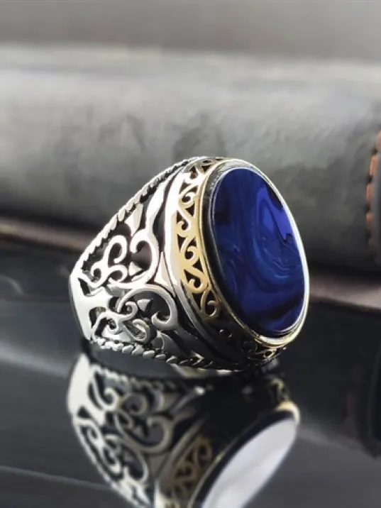 Düz Mavi Kehribar Gümüş Erkek Yüzük GYZGMSCGUMU Düz Mavi Kehribar Gümüş Erkek Yüzük GYZGMSCGUMU