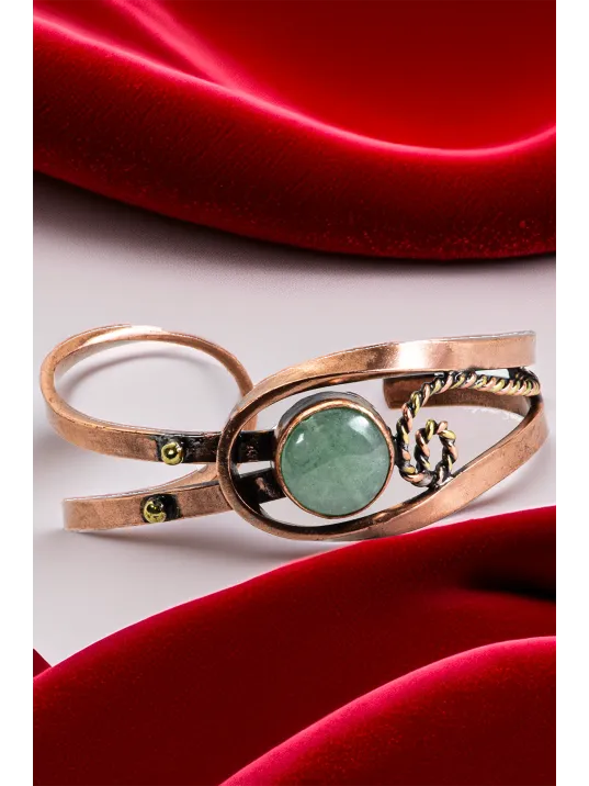 Kadın Bakır Bileklik - Aventurin Taşı Burgu Model Kadın Bilezik Metal Kutu ve Doğal Taşlar