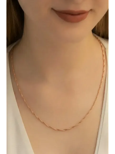 Kadın Gümüş Kolye - 925 Ayar 2mm Singapur Zincir Model Gümüş - Altın - Rose