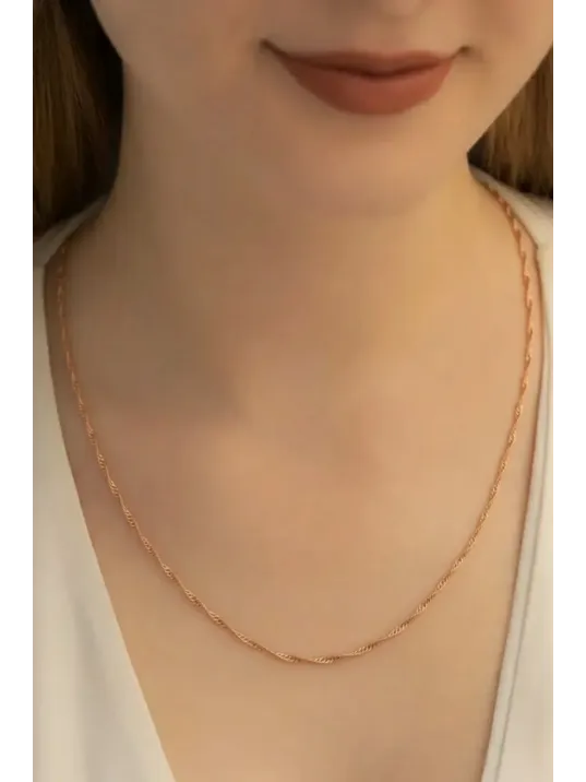 Kadın Gümüş Kolye - 925 Ayar 2mm Singapur Zincir Model Gümüş - Altın - Rose Kadın Gümüş Kolye - 925 Ayar 2mm Singapur Zincir Model Gümüş - Altın - Rose