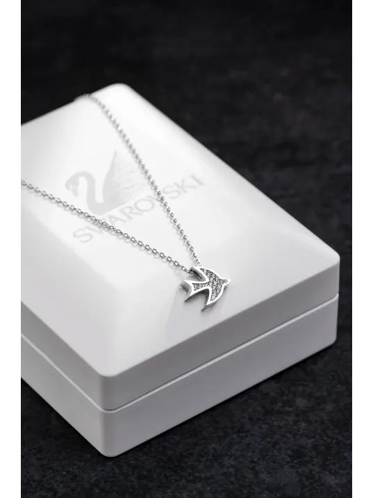 Kadın Gümüş Kolye - Swarovski Taşlı Zirconia Ay Motifli Kuş Kadın Kolye