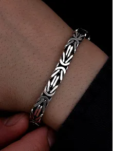 Erkek Gümüş Bileklik - 7.5 mm Özel Kilit Tasarımlı Dikdörtgen Kesim Kral Model Gümüş Bileklik