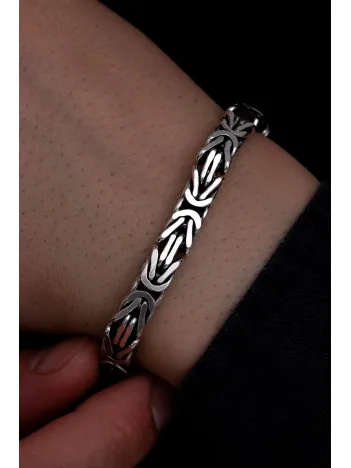 Erkek Gümüş Bileklik - 7.5 mm Özel Kilit Tasarımlı Dikdörtgen Kesim Kral Model Gümüş Bileklik