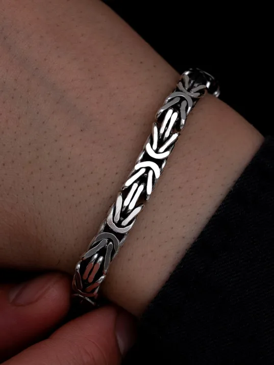 Erkek Gümüş Bileklik - 7.5 mm Özel Kilit Tasarımlı Dikdörtgen Kesim Kral Model Gümüş Bileklik