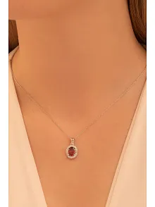 Kadın Gümüş Kolye - Elips Model Yakut Taşlı Zirkon Süslemeli Rodyumlu Kadın Kolye
