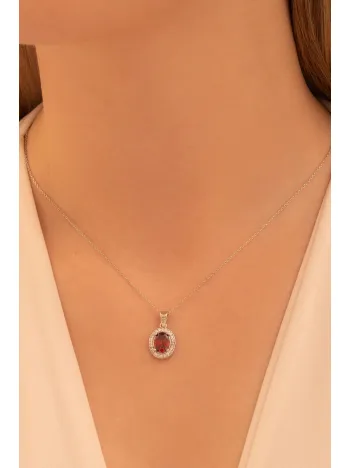 Kadın Gümüş Kolye - Elips Model Yakut Taşlı Zirkon Süslemeli Rodyumlu Kadın Kolye