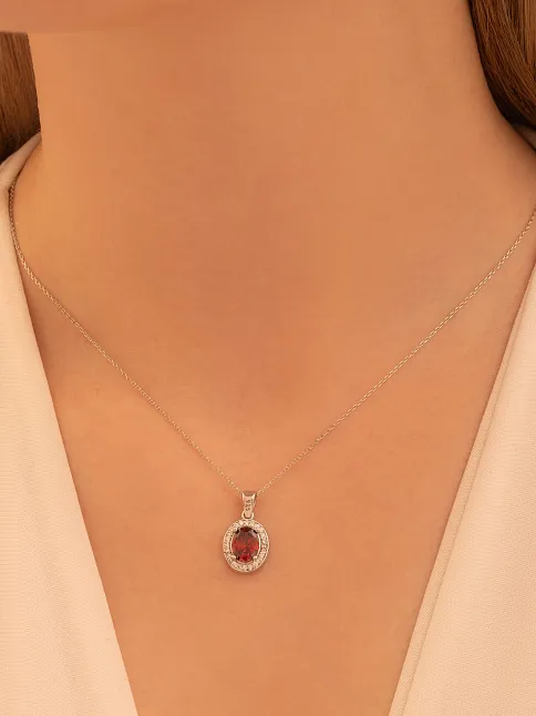 Kadın Gümüş Kolye - Elips Model Yakut Taşlı Zirkon Süslemeli Rodyumlu Kadın Kolye