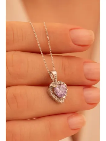 Kadın Gümüş Kolye - Kalp Model Ametist Taşlı Zirkon Süslemeli Rodyumlu Kadın Kolye