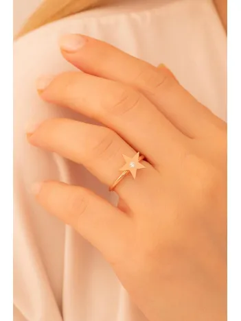 Kadın Gümüş Yüzük - El İşçiliği Rose Kaplama Yıldız Motifli Zirkon Taşlı Kadın Yüzük