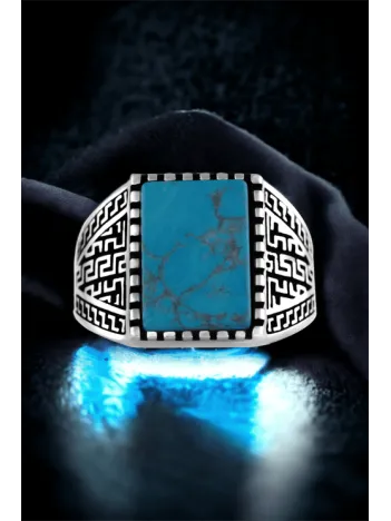 Erkek Gümüş Yüzük - 925 Ayar Grek Desenli Firuze Mavi Taşlı Gümüş Yüzük