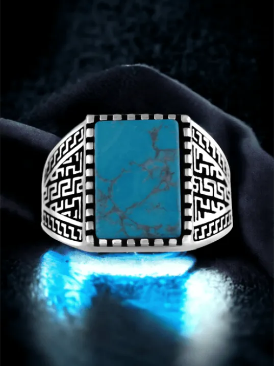 Erkek Gümüş Yüzük - 925 Ayar Grek Desenli Firuze Mavi Taşlı Gümüş Yüzük Erkek Gümüş Yüzük - 925 Ayar Grek Desenli Firuze Mavi Taşlı Gümüş Yüzük