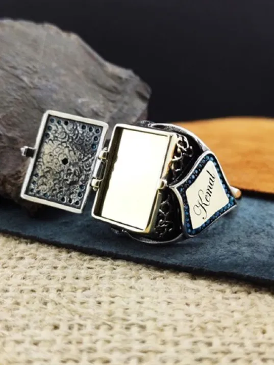 Kişiye Özel Tasarımlı Firuze Mikro Taşlı Erkek Gümüş Yüzük (İçine Fotoğraf, İsim, Logo Yapılır) GYZGMSGUMSV