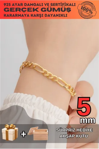 18 Ayar Gerçek Altın Kaplama Kararmayan 5 Mm Erkek Gümüş Bileklik Figaro Model