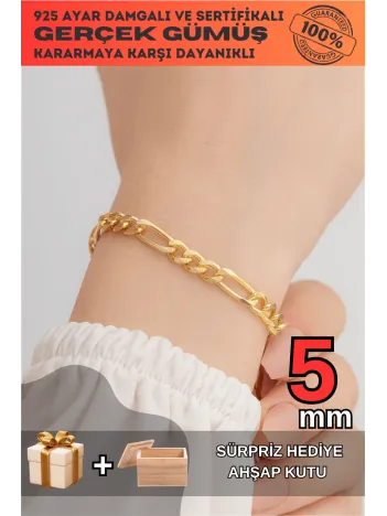 18 Ayar Gerçek Altın Kaplama Kararmayan 5 Mm Erkek Gümüş Bileklik Figaro Model
