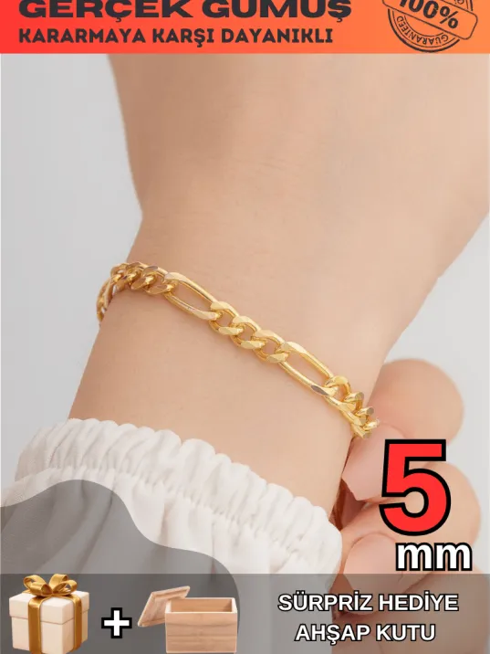 18 Ayar Gerçek Altın Kaplama Kararmayan 5 Mm Erkek Gümüş Bileklik Figaro Model 18 Ayar Gerçek Altın Kaplama Kararmayan 5 Mm Erkek Gümüş Bileklik Figaro Model