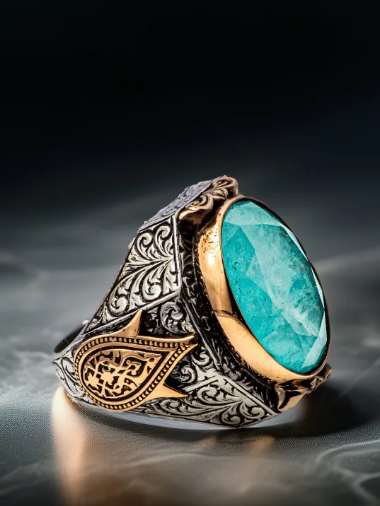 Erkek Turkuaz Zirkon Taşlı Yanı Lale Motifli 925 Ayar Gümüş Yüzük