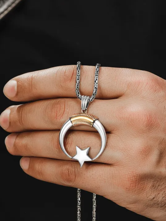 Erkek Gümüş Kolye - Hilal Ay Yıldız Motifli Kral Zincirli Erkek Kolye Erkek Gümüş Kolye - Hilal Ay Yıldız Motifli Kral Zincirli Erkek Kolye