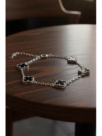 Erkek 925 Ayar Gümüş Siyah Oniks Taşlı Yonca Model Zincir Bileklik