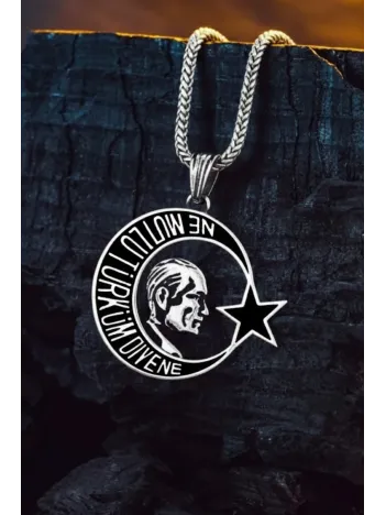 Erkek Gümüş Kolye - Ne Mutlu Türküm Diyene Yazılı Atatürk Motifli Ay Yıldız Model Gümüş Kolye