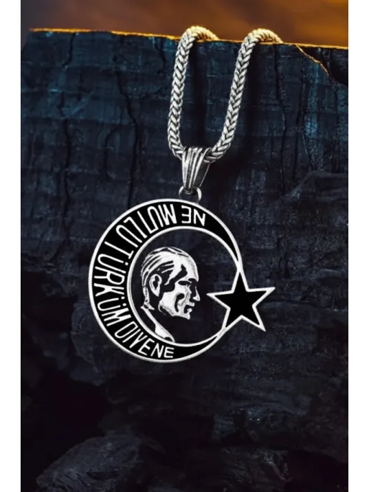 Erkek Gümüş Kolye - Ne Mutlu Türküm Diyene Yazılı Atatürk Motifli Ay Yıldız Model Gümüş Kolye