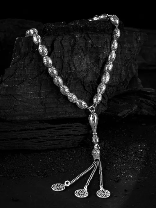 Erkek Tesbih - Şahika Oksitli 925 Ayar Gümüş Erkek Tespih Orta Boy 28gr