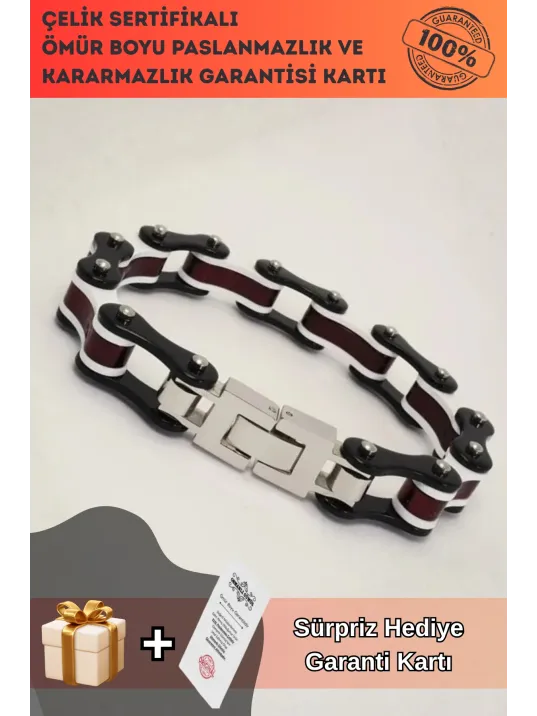 Bisiklet Motosiklet Zinciri Erkek Bayan Çelik Bileklik Siyah Beyaz Bordo