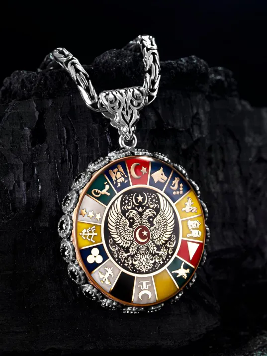 Erkek Gümüş Kolye - 16 Türk Devleti Bayrakları İşlemeli  Selçuklu Kartalı Kral Zincirli Erkek Kolye