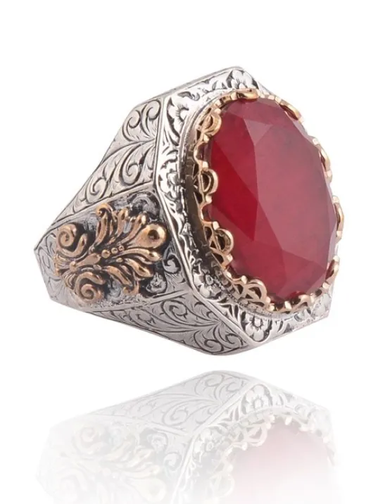 Kırmızı Zirkon Taşlı İşlemeli Erkek Gümüş Yüzük