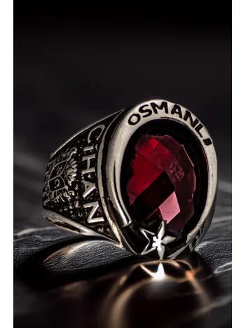 Erkek Yakut Taşlı Osmanlı Devleti Yazılı Selçuklu Kartalı Ve Arma İşlemeli 925 Ayar Gümüş Yüzük