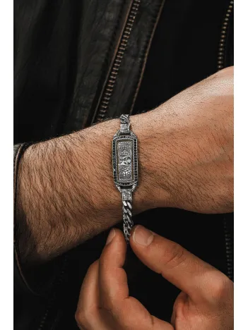 Erkek Gümüş Bileklik - Çift Selçuklu Kartalı İşlemeli Oksitli Gurmet Model 925 Ayar Erkek Bileklik