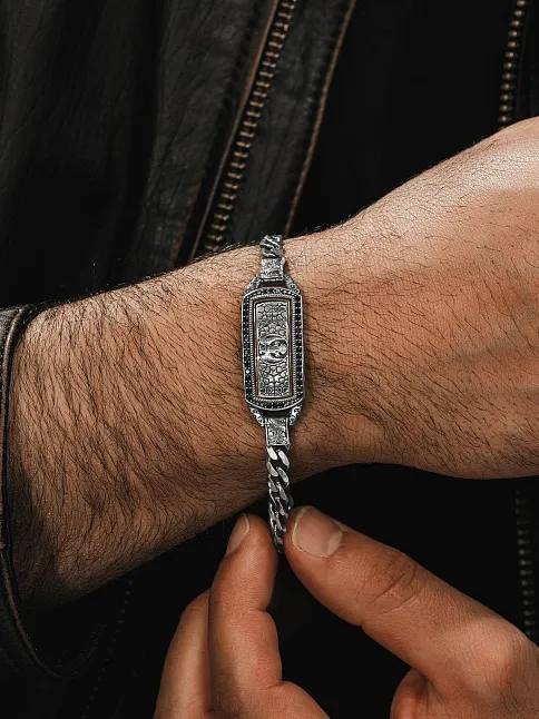 Erkek Gümüş Bileklik - Çift Selçuklu Kartalı İşlemeli Oksitli Gurmet Model 925 Ayar Erkek Bileklik