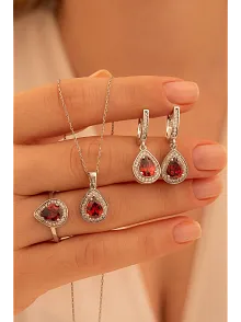 Kadın Gümüş Set - Mekik Model Yakut Taşlı Zirkon Süslemeli Rodyumlu Kadın Set