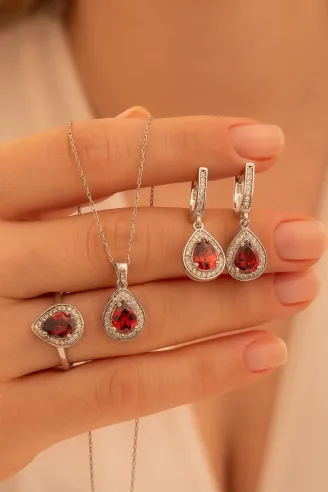 Kadın Gümüş Set - Mekik Model Yakut Taşlı Zirkon Süslemeli Rodyumlu Kadın Set