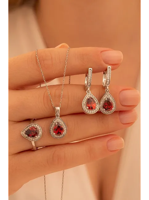 Kadın Gümüş Set - Mekik Model Yakut Taşlı Zirkon Süslemeli Rodyumlu Kadın Set