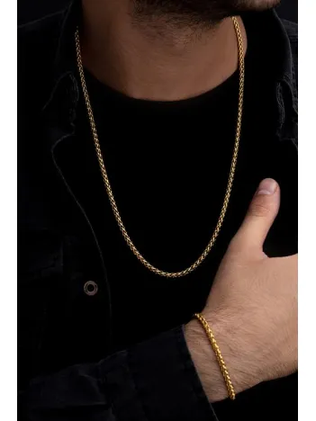 Erkek Çelik Bileklik Kolye Set - 18 Ayar Gerçek Altın Kaplama Spiga Model Çelik Set