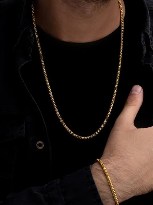 Erkek Çelik Bileklik Kolye Set - 18 Ayar Gerçek Altın Kaplama Spiga Model Çelik Set