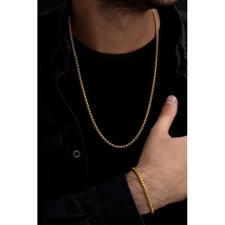 Erkek Çelik Bileklik Kolye Set - 18 Ayar Gerçek Altın Kaplama Spiga Model Çelik Set Erkek Çelik Bileklik Kolye Set - 18 Ayar Gerçek Altın Kaplama Spiga Model Çelik Set