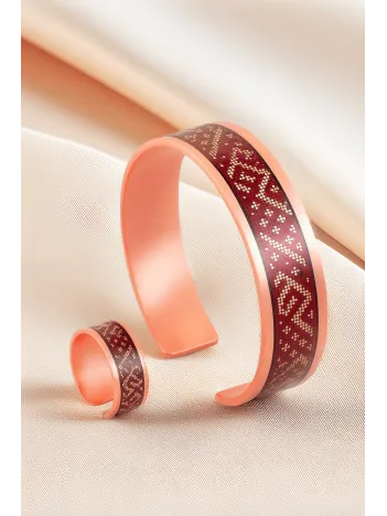 Kadın Bakır Bileklik Yüzük Set - Eva Model Özel Baskı Metal Kutu Ve Kuvars Taşı