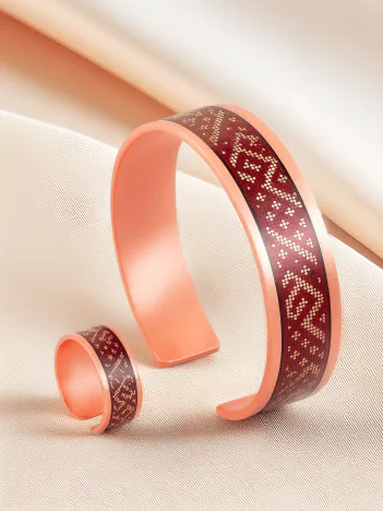 Kadın Bakır Bileklik Yüzük Set - Eva Model Özel Baskı Metal Kutu Ve Kuvars Taşı