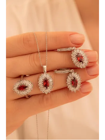 Kadın Gümüş Set - Mekik Model Yakut Taşlı Baget Süslemeli Rodyumlu Kadın Set