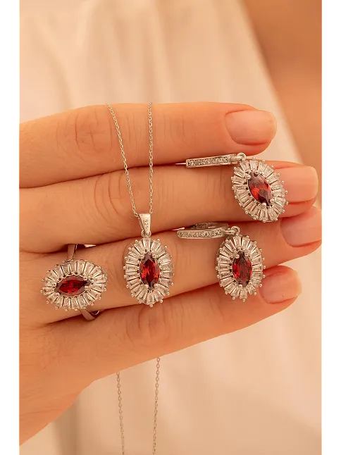 Kadın Gümüş Set - Mekik Model Yakut Taşlı Baget Süslemeli Rodyumlu Kadın Set