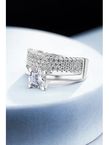 Kadın Gümüş Yüzük - Üç Sıra Tektaş Zirkon Taşlı Kombin Kadın Gümüş Yüzük