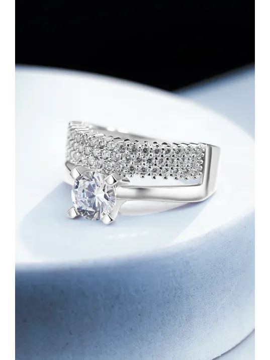 Kadın Gümüş Yüzük - Üç Sıra Tektaş Zirkon Taşlı Kombin Kadın Gümüş Yüzük