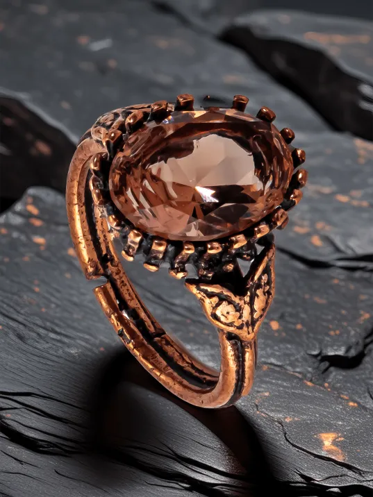 Kadın Bakır Bileklik Yüzük Set - Zultanit Taşı Mekik Ağaç Kabuğu Model İnce Metal Kutu Kuvars Taşlı