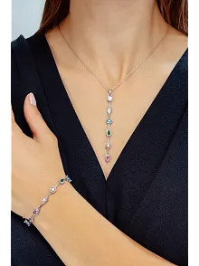 Kadın Renkli Taşlı Zarif 925 Ayar Gümüş Kolye Bileklik Set